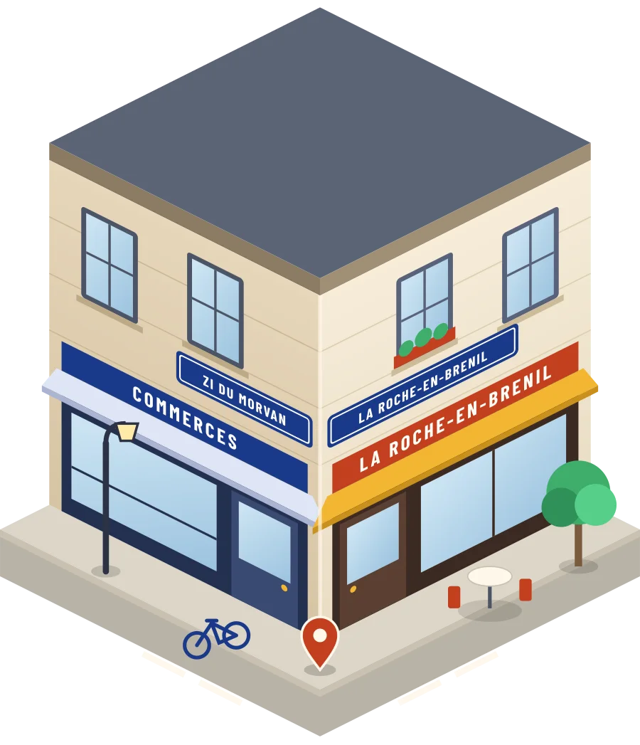 Illustration d'un coin de rue à La Roche-en-Brenil, avec la plaque « zI du Morvan »