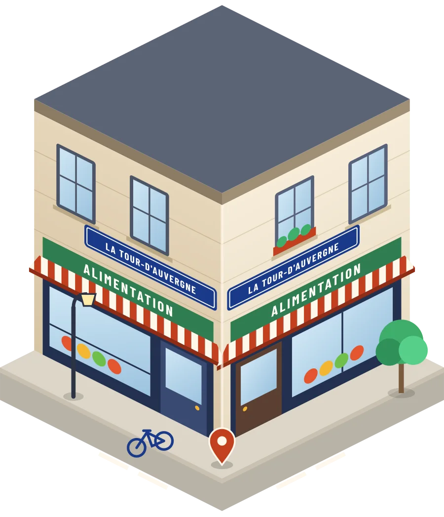 Illustration d'un coin de rue à La Tour-d'Auvergne : deux devantures « Alimentation » à l'angle