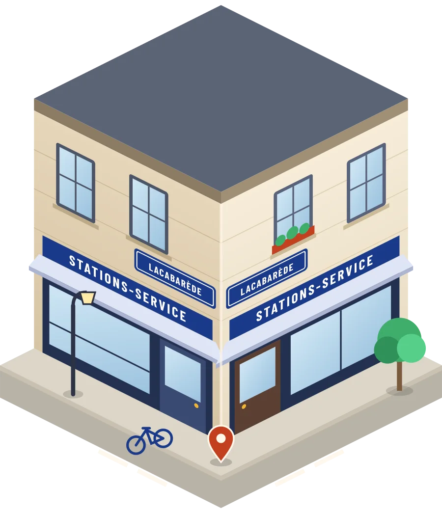 Illustration d'un coin de rue à Lacabarède : deux devantures « Stations-service » à l'angle