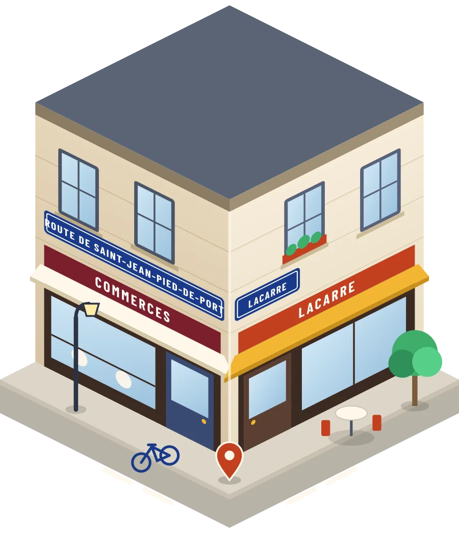 Illustration d'un coin de rue à Lacarre, avec la plaque « route de Saint-Jean-Pied-de-Port »