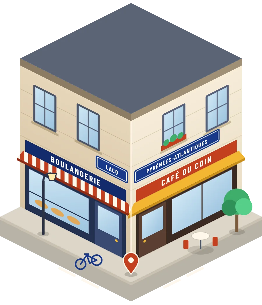 Illustration d'un coin de rue à Lacq : une boulangerie et un café à l'angle, plaques « Lacq » et « Pyrénées-Atlantiques »