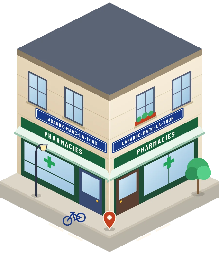 Illustration d'un coin de rue à Lagarde-Marc-la-Tour : deux devantures « Pharmacies » à l'angle