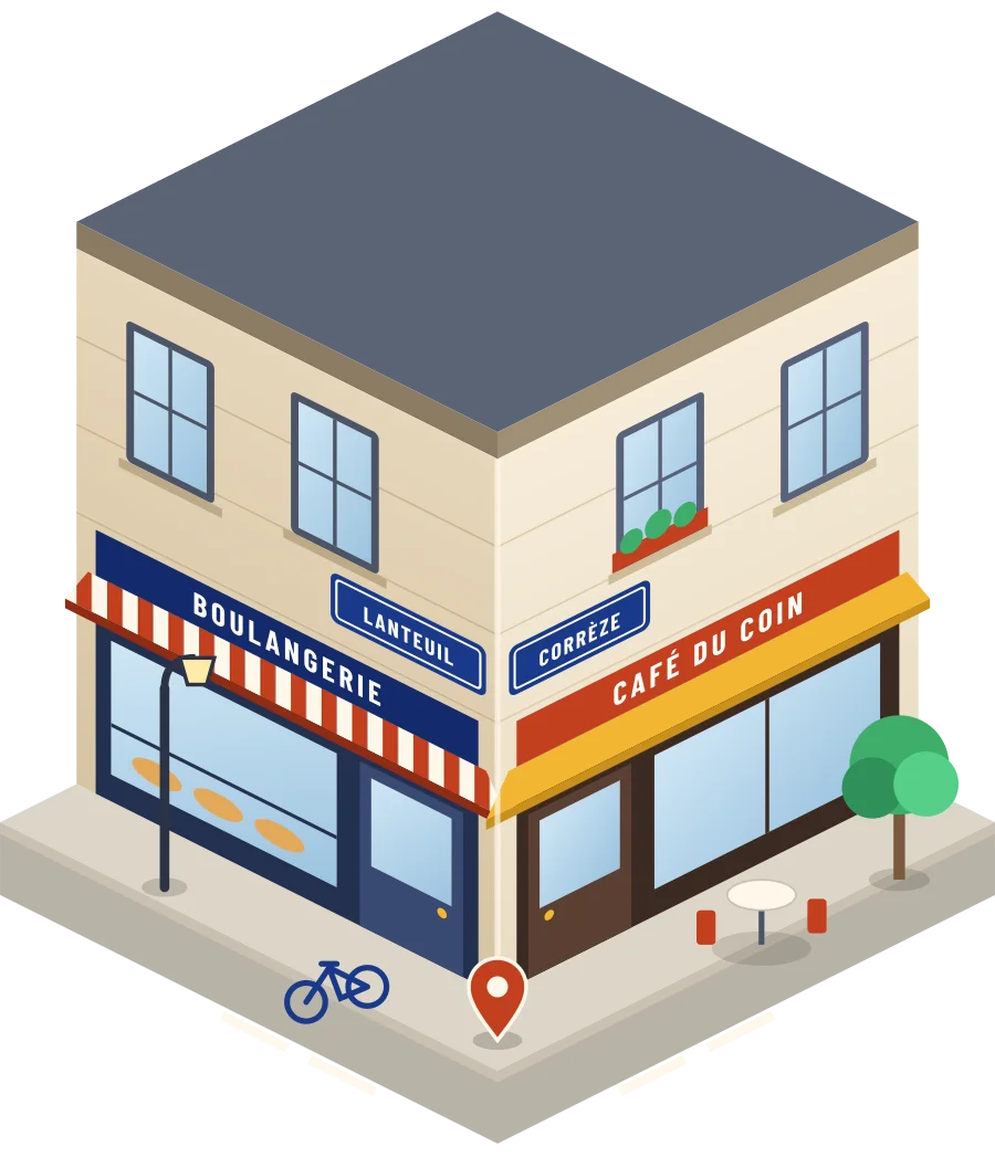 Illustration d'un coin de rue à Lanteuil : une boulangerie et un café à l'angle, plaques « Lanteuil » et « Corrèze »
