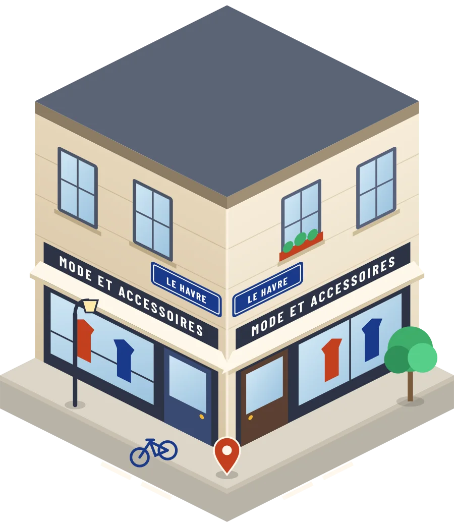 Illustration d'un coin de rue au Havre : deux devantures « Mode et accessoires » à l'angle