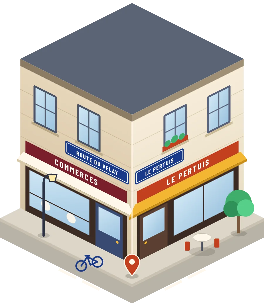 Illustration d'un coin de rue au Pertuis, avec la plaque « route du Velay »