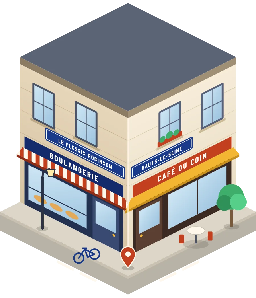 Illustration d'un coin de rue au Plessis-Robinson : une boulangerie et un café à l'angle, plaques « Le Plessis-Robinson » et « Hauts-de-Seine »