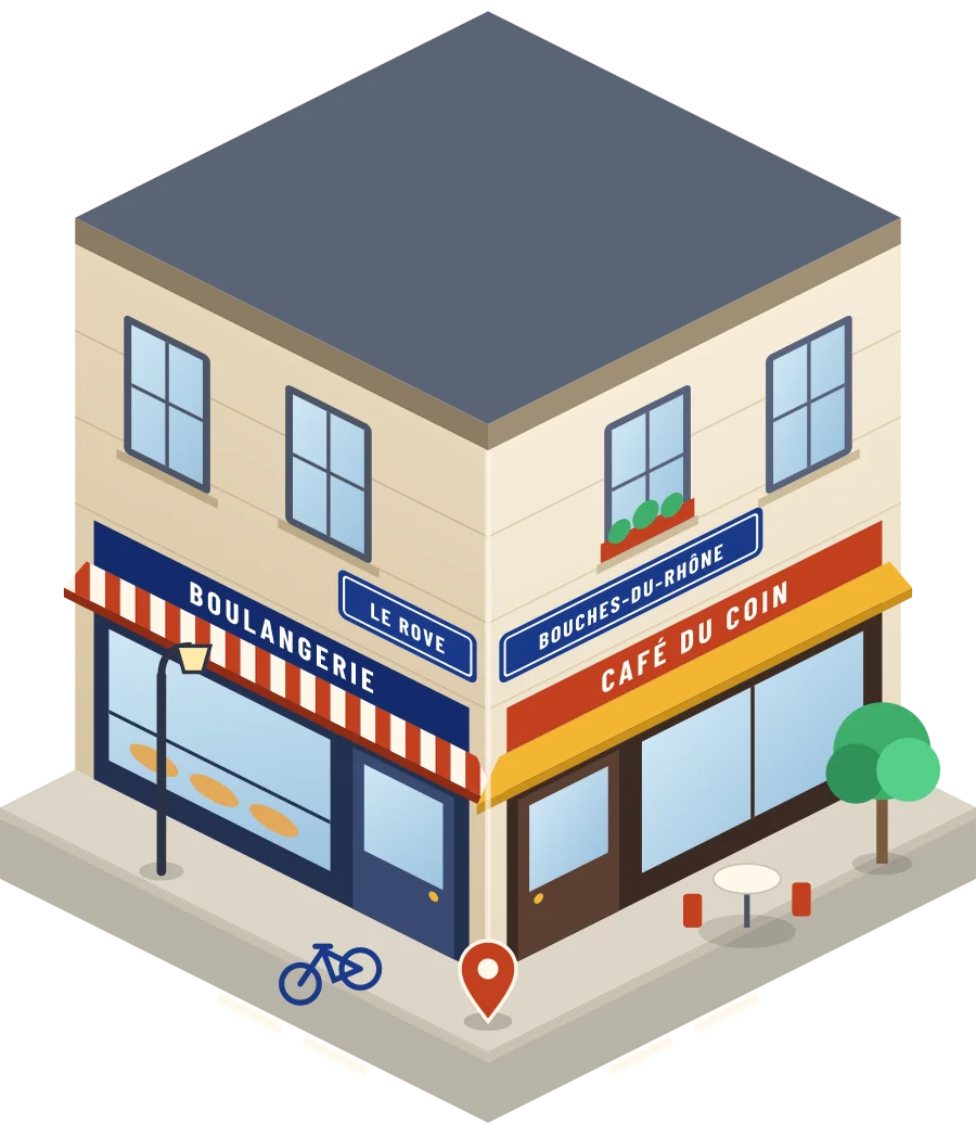 Illustration d'un coin de rue au Rove : une boulangerie et un café à l'angle, plaques « Le Rove » et « Bouches-du-Rhône »