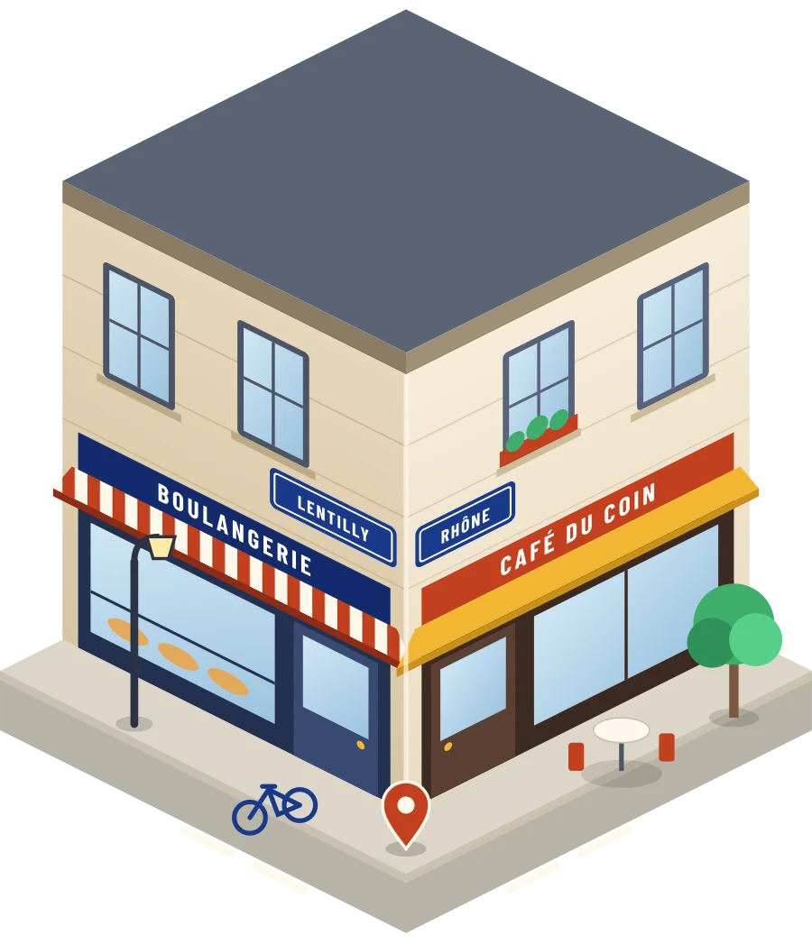 Illustration d'un coin de rue à Lentilly : une boulangerie et un café à l'angle, plaques « Lentilly » et « Rhône »