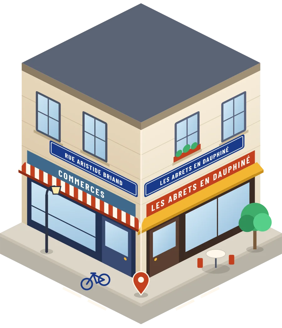 Illustration d'un coin de rue aux Abrets en Dauphiné, avec la plaque « rue Aristide Briand »