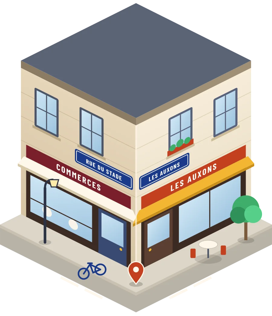 Illustration d'un coin de rue aux Auxons, avec la plaque « rue du Stade »