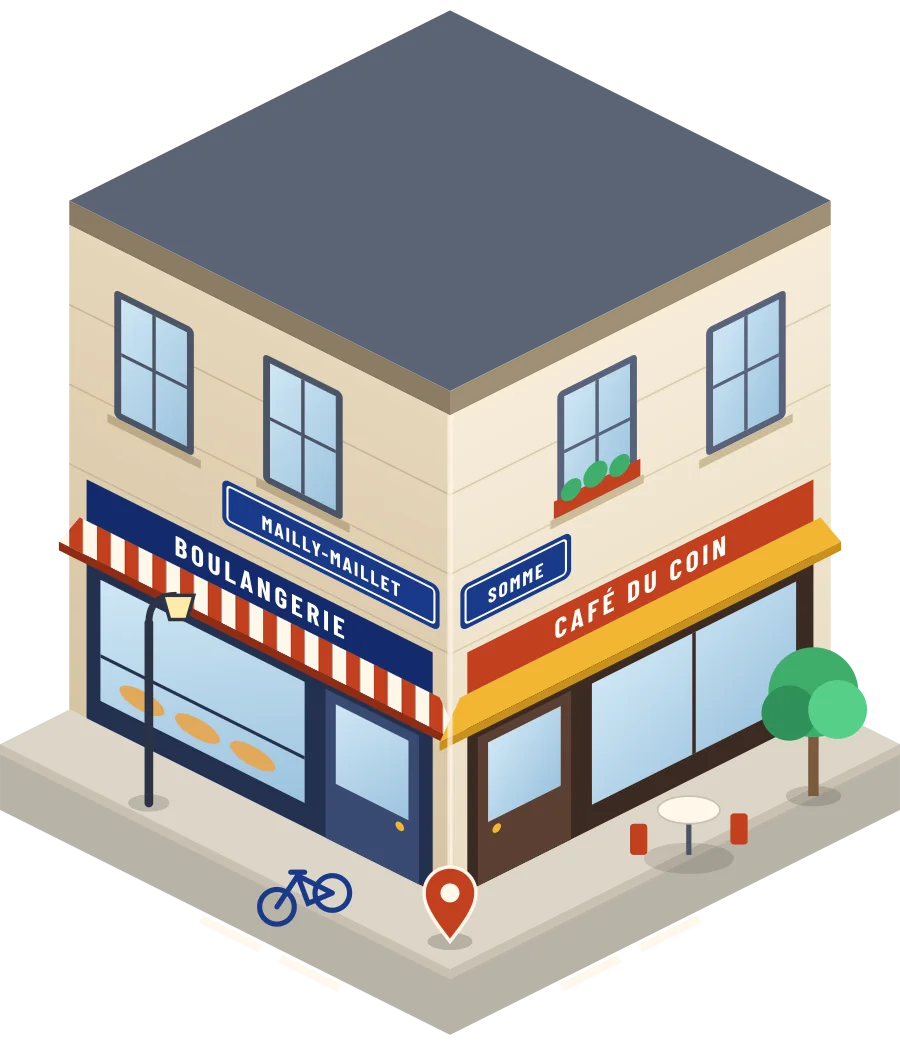 Illustration d'un coin de rue à Mailly-Maillet : une boulangerie et un café à l'angle, plaques « Mailly-Maillet » et « Somme »