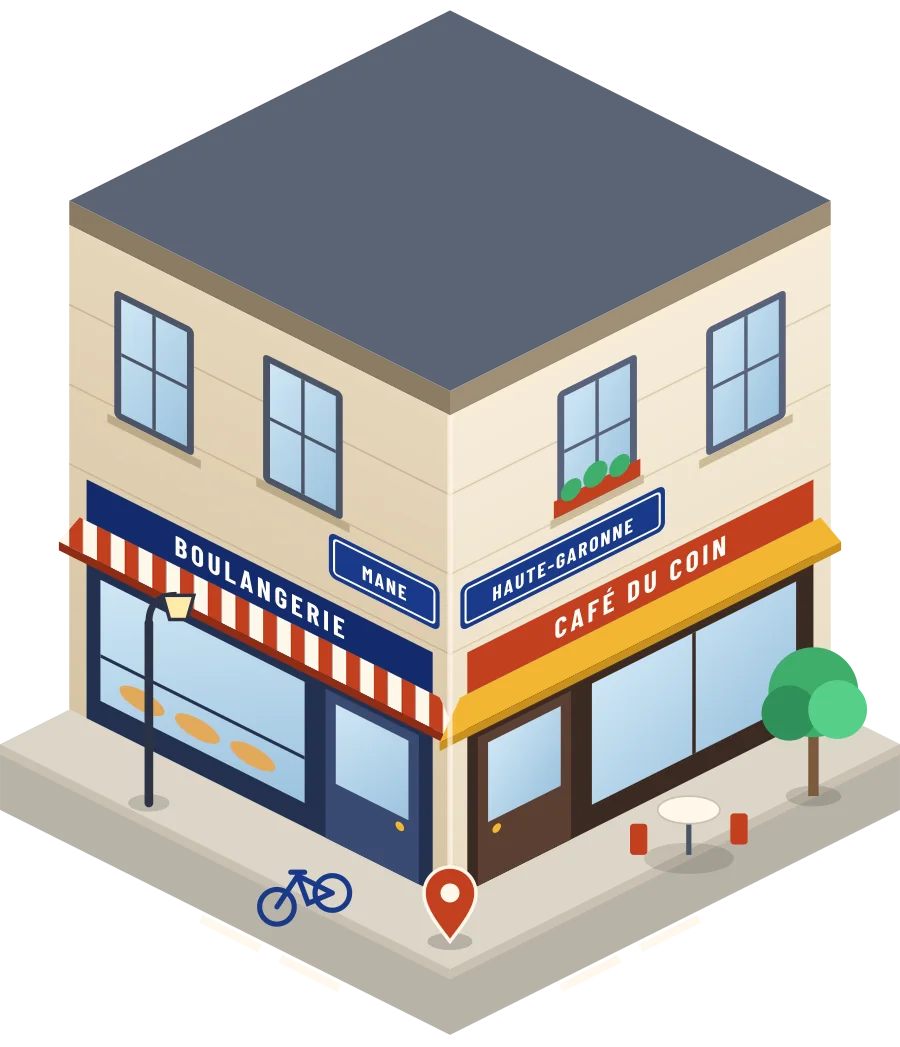 Illustration d'un coin de rue à Mane : une boulangerie et un café à l'angle, plaques « Mane » et « Haute-Garonne »