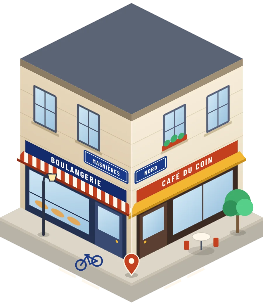 Illustration d'un coin de rue à Masnières : une boulangerie et un café à l'angle, plaques « Masnières » et « Nord »