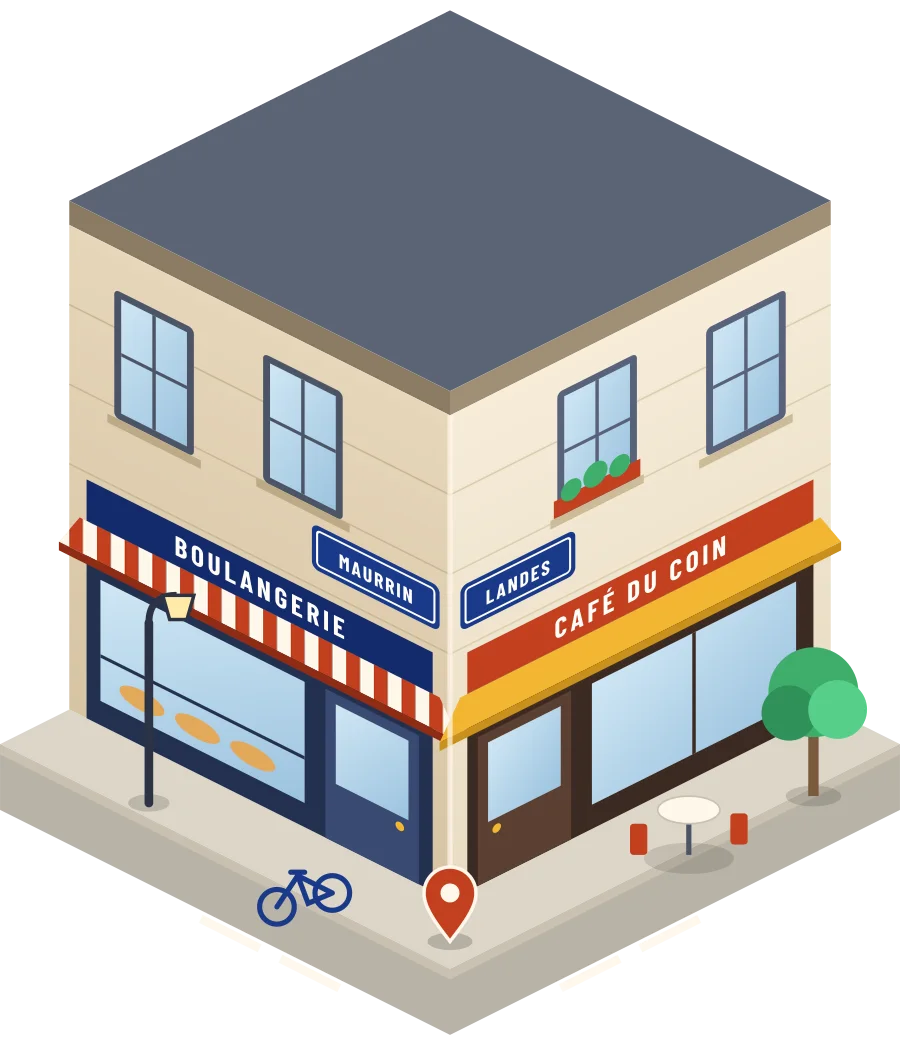 Illustration d'un coin de rue à Maurrin : une boulangerie et un café à l'angle, plaques « Maurrin » et « Landes »