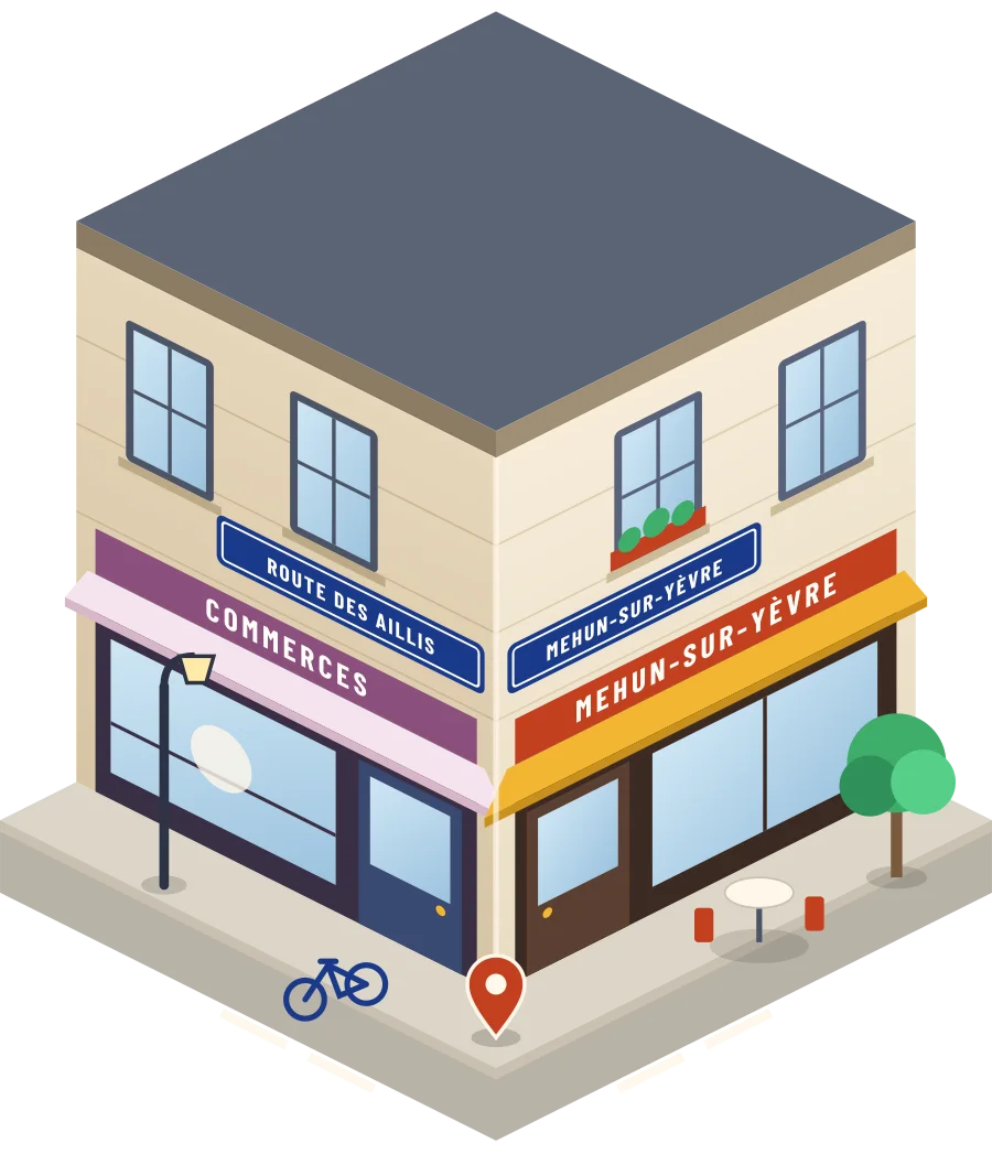 Illustration d'un coin de rue à Mehun-sur-Yèvre, avec la plaque « route des Aillis »