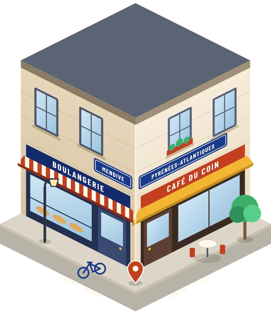 Illustration d'un coin de rue à Mendive : une boulangerie et un café à l'angle, plaques « Mendive » et « Pyrénées-Atlantiques »