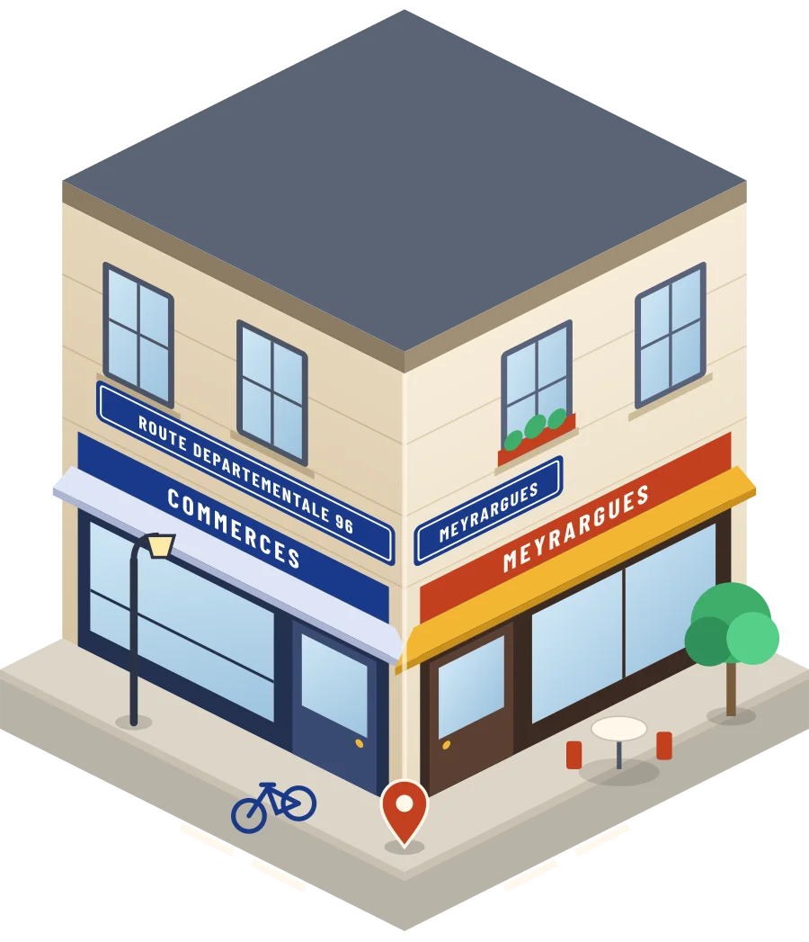 Illustration d'un coin de rue à Meyrargues, avec la plaque « route Departementale 96 »