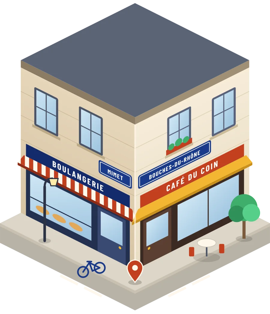 Illustration d'un coin de rue à Mimet : une boulangerie et un café à l'angle, plaques « Mimet » et « Bouches-du-Rhône »