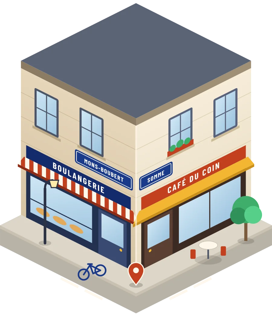 Illustration d'un coin de rue à Mons-Boubert : une boulangerie et un café à l'angle, plaques « Mons-Boubert » et « Somme »