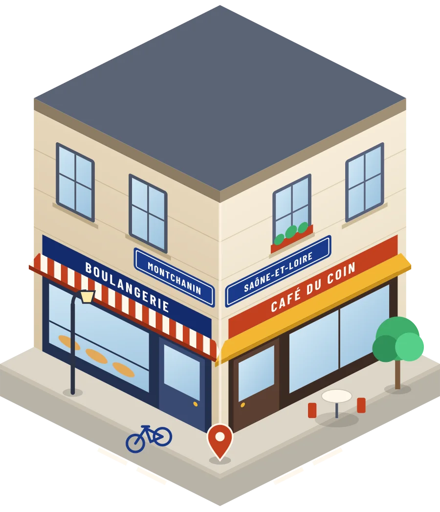 Illustration d'un coin de rue à Montchanin : une boulangerie et un café à l'angle, plaques « Montchanin » et « Saône-et-Loire »