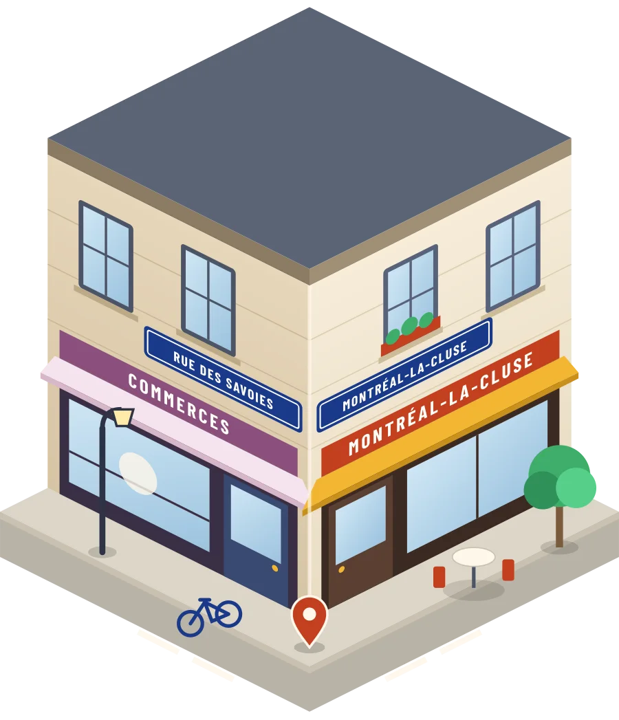 Illustration d'un coin de rue à Montréal-la-Cluse, avec la plaque « rue des Savoies »