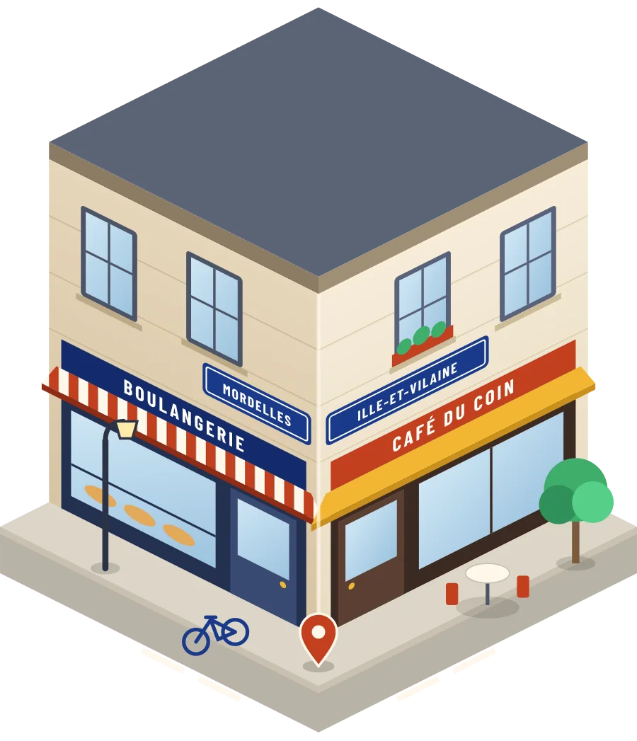 Illustration d'un coin de rue à Mordelles : une boulangerie et un café à l'angle, plaques « Mordelles » et « Ille-et-Vilaine »