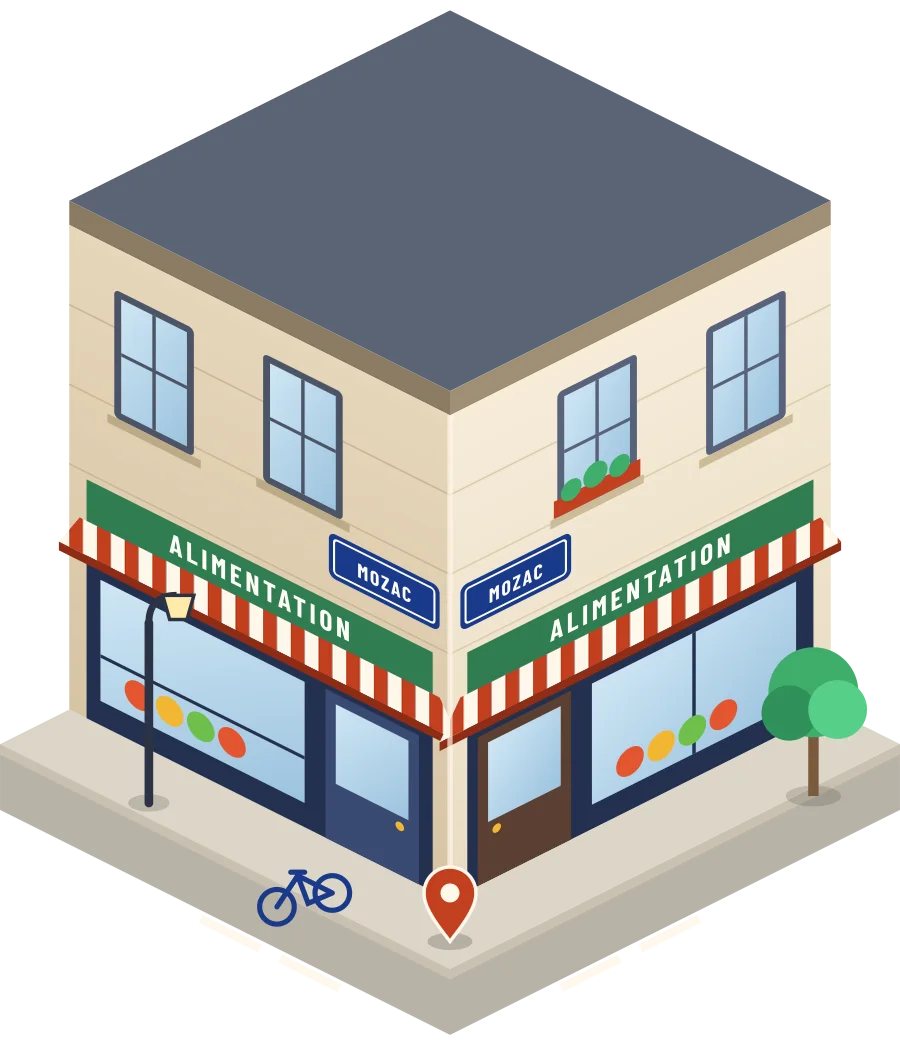 Illustration d'un coin de rue à Mozac : deux devantures « Alimentation » à l'angle