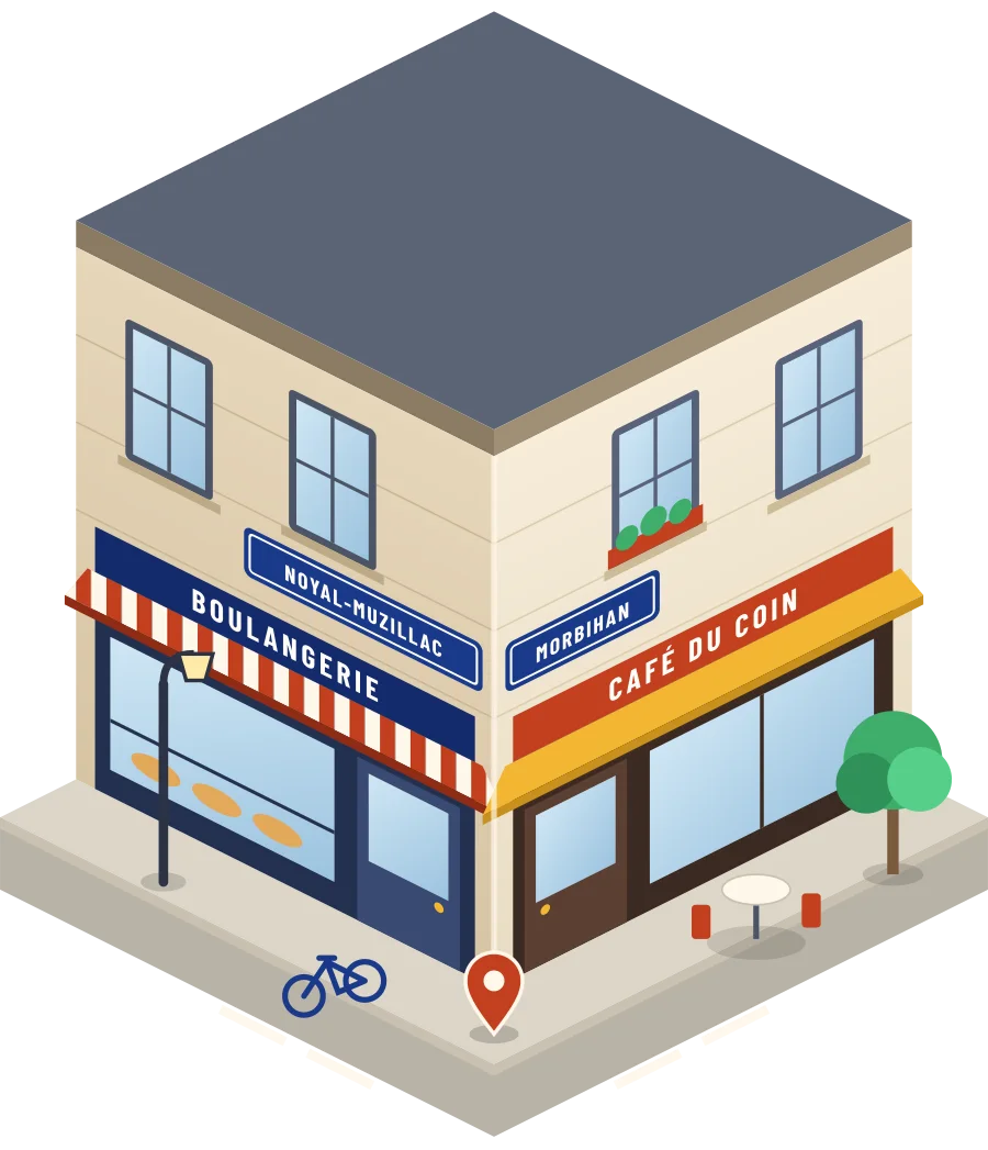 Illustration d'un coin de rue à Noyal-Muzillac : une boulangerie et un café à l'angle, plaques « Noyal-Muzillac » et « Morbihan »
