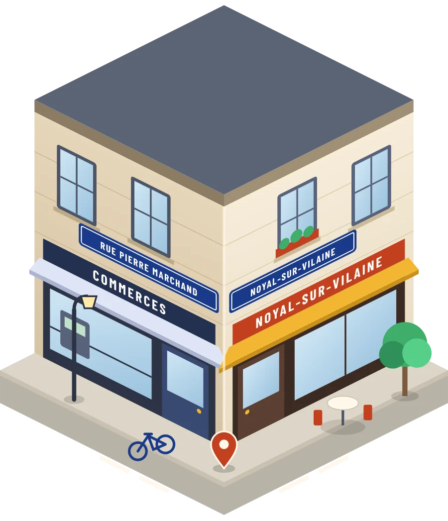 Illustration d'un coin de rue à Noyal-sur-Vilaine, avec la plaque « rue Pierre Marchand »