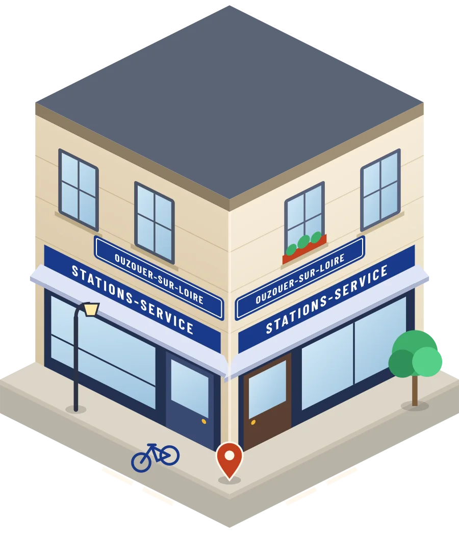 Illustration d'un coin de rue à Ouzouer-sur-Loire : deux devantures « Stations-service » à l'angle