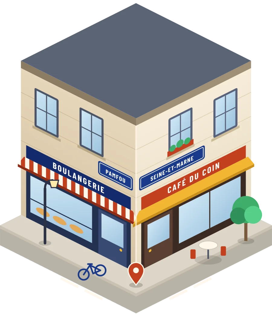 Illustration d'un coin de rue à Pamfou : une boulangerie et un café à l'angle, plaques « Pamfou » et « Seine-et-Marne »