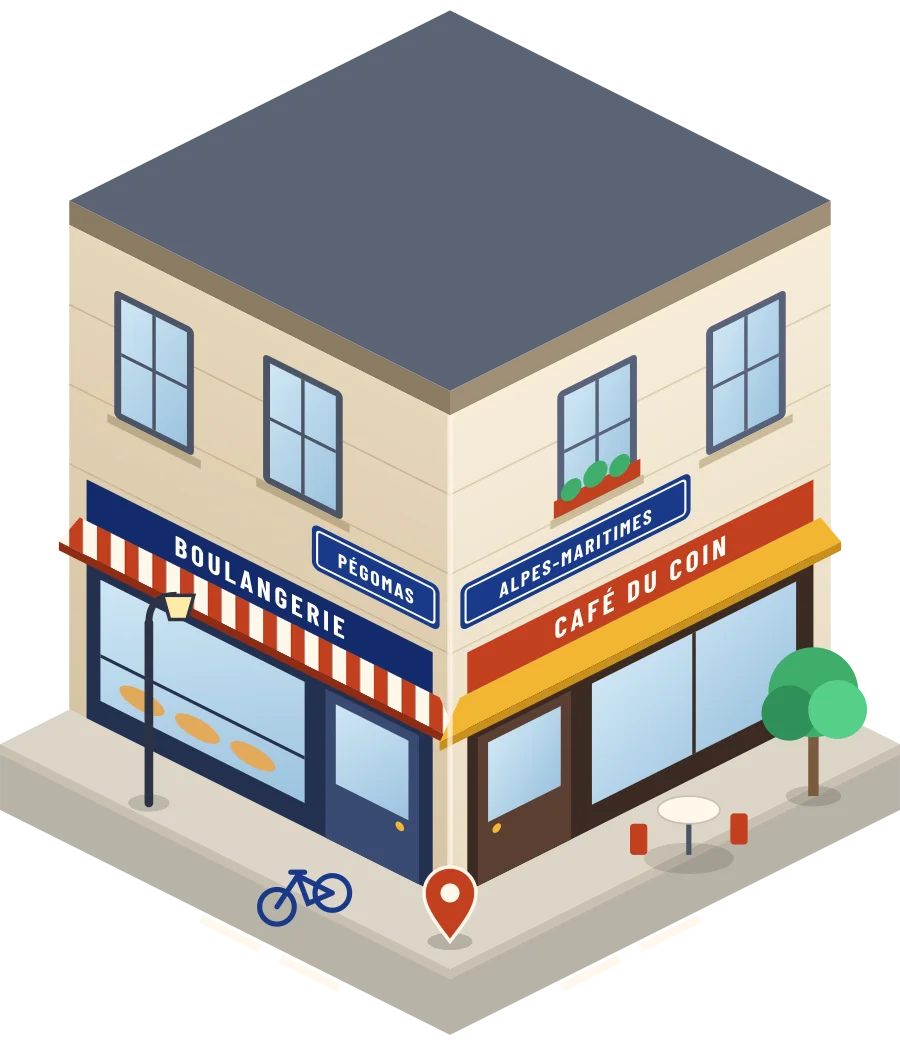 Illustration d'un coin de rue à Pégomas : une boulangerie et un café à l'angle, plaques « Pégomas » et « Alpes-Maritimes »