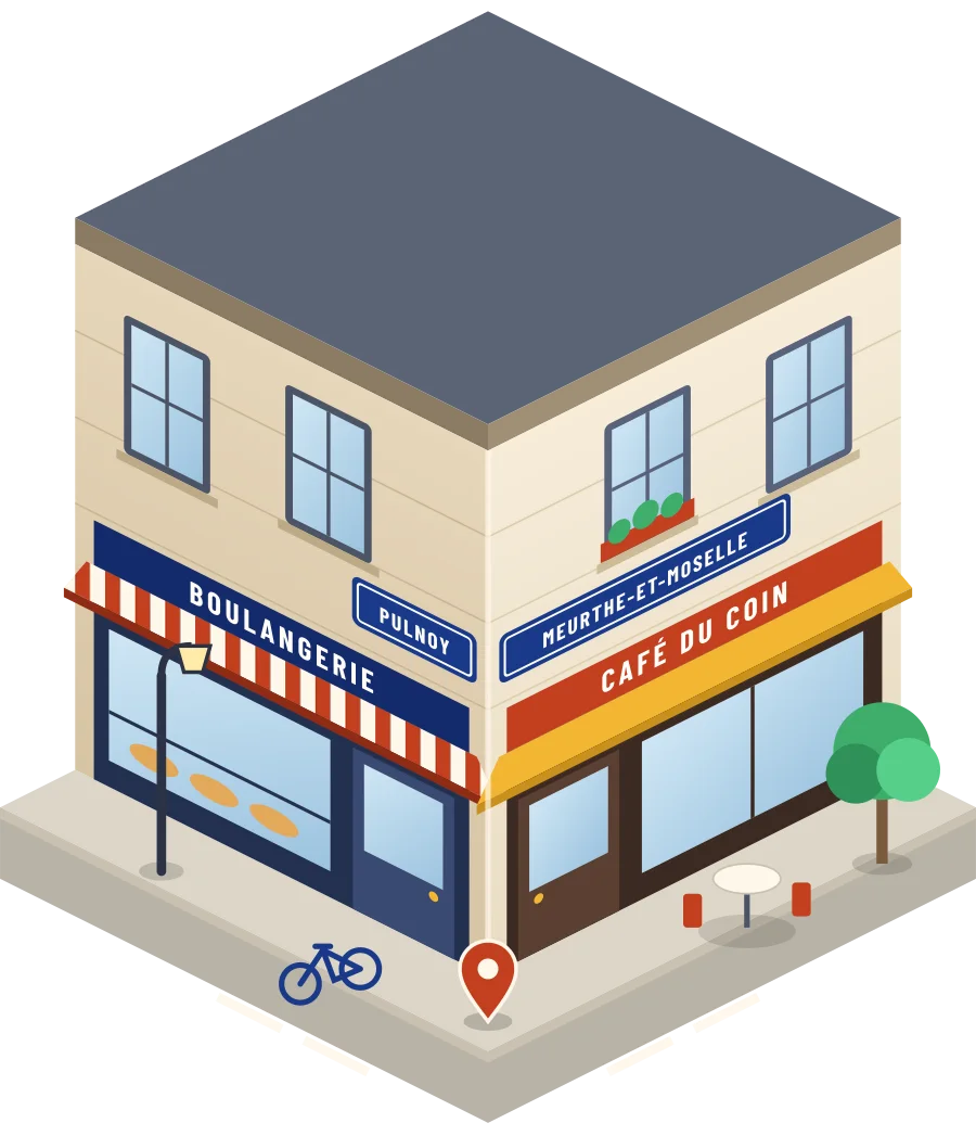 Illustration d'un coin de rue à Pulnoy : une boulangerie et un café à l'angle, plaques « Pulnoy » et « Meurthe-et-Moselle »