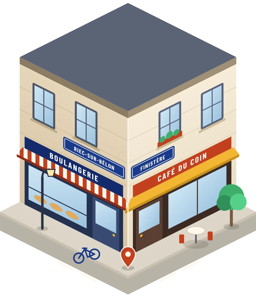 Illustration d'un coin de rue à Riec-sur-Bélon : une boulangerie et un café à l'angle, plaques « Riec-sur-Bélon » et « Finistère »