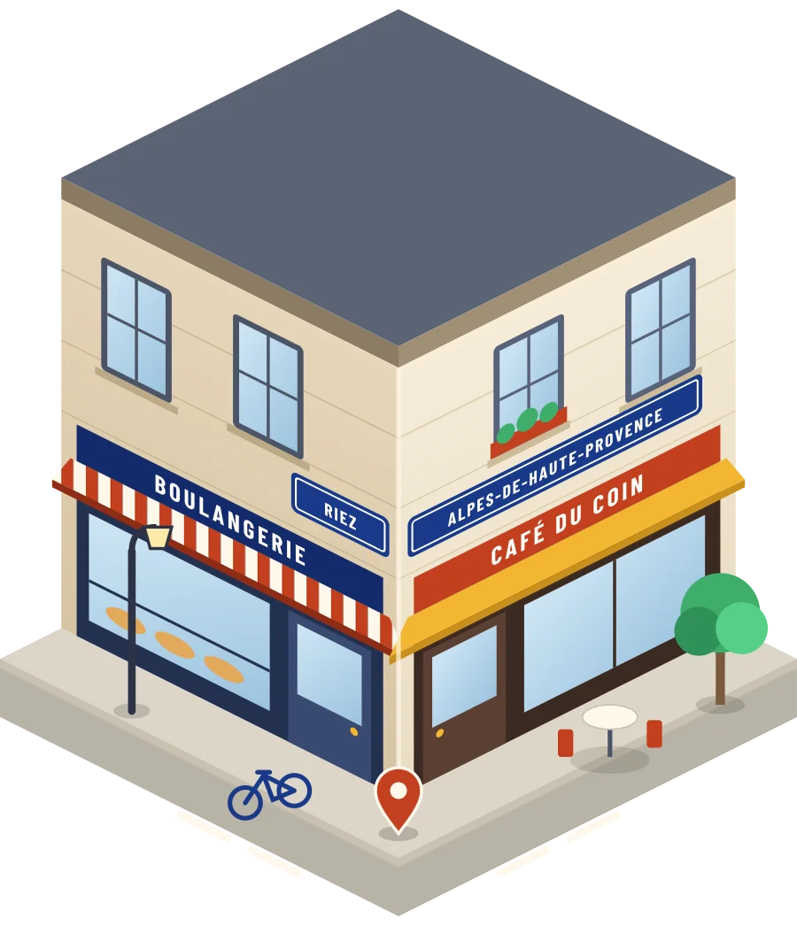 Illustration d'un coin de rue à Riez : une boulangerie et un café à l'angle, plaques « Riez » et « Alpes-de-Haute-Provence »