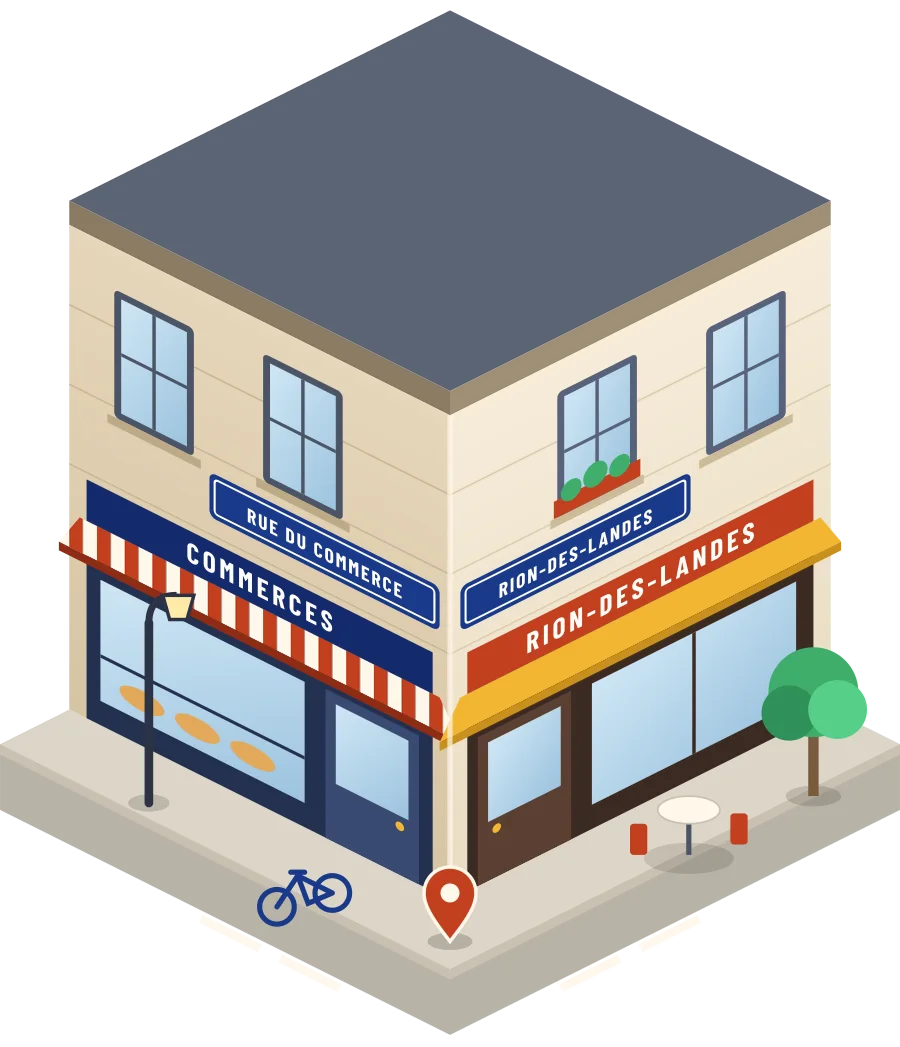 Illustration d'un coin de rue à Rion-des-Landes, avec la plaque « rue du Commerce »