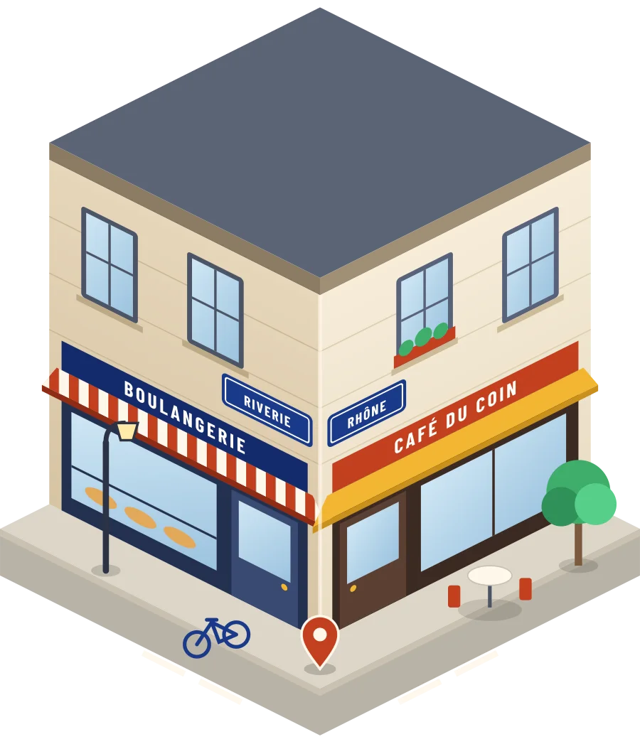 Illustration d'un coin de rue à Riverie : une boulangerie et un café à l'angle, plaques « Riverie » et « Rhône »