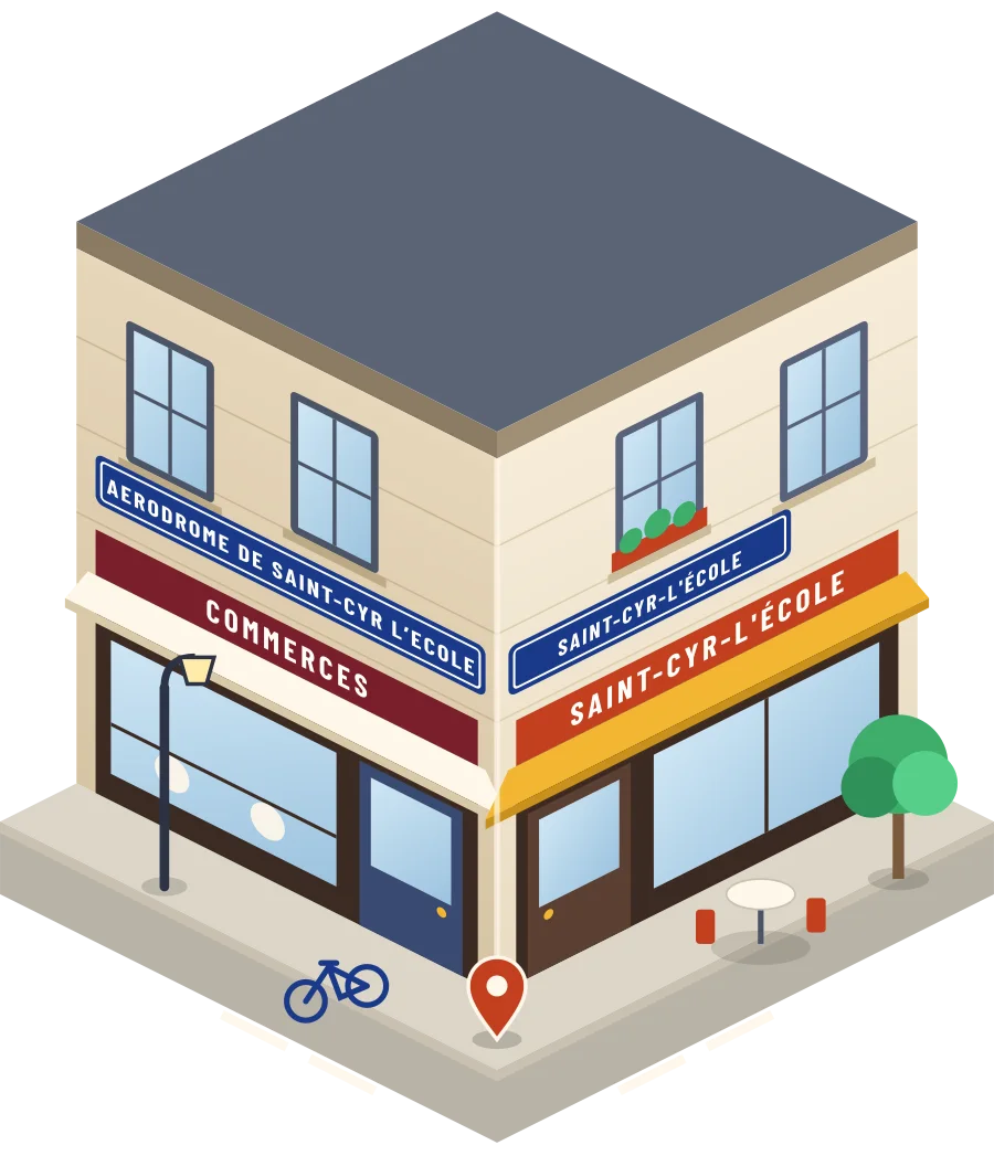 Illustration d'un coin de rue à Saint-Cyr-l'École, avec la plaque « aerodrome de Saint-Cyr l’Ecole »