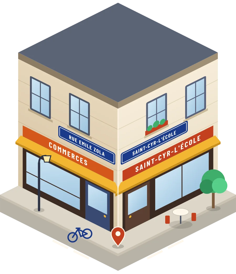 Illustration d'un coin de rue à Saint-Cyr-l'École, avec la plaque « rue Emile Zola »