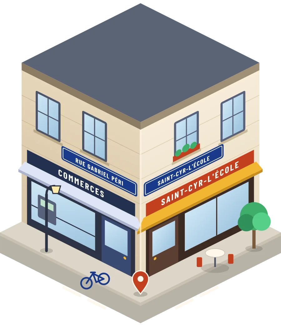 Illustration d'un coin de rue à Saint-Cyr-l'École, avec la plaque « rue Gabriel Péri »