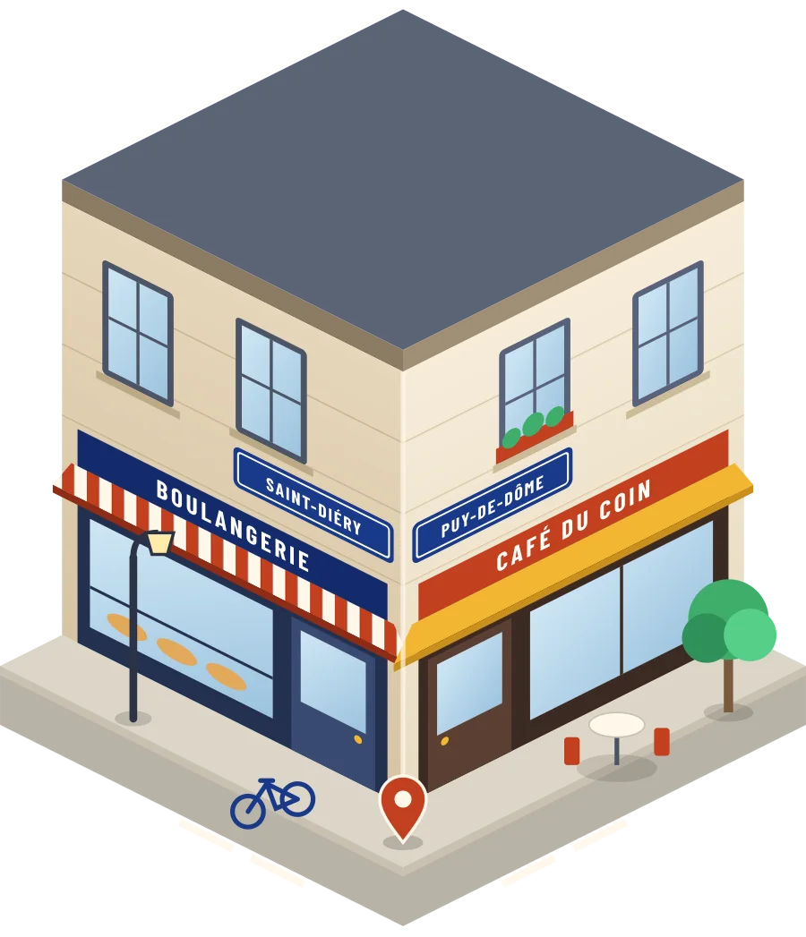 Illustration d'un coin de rue à Saint-Diéry : une boulangerie et un café à l'angle, plaques « Saint-Diéry » et « Puy-de-Dôme »