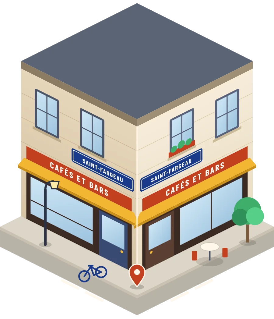 Illustration d'un coin de rue à Saint-Fargeau : deux devantures « Cafés et bars » à l'angle