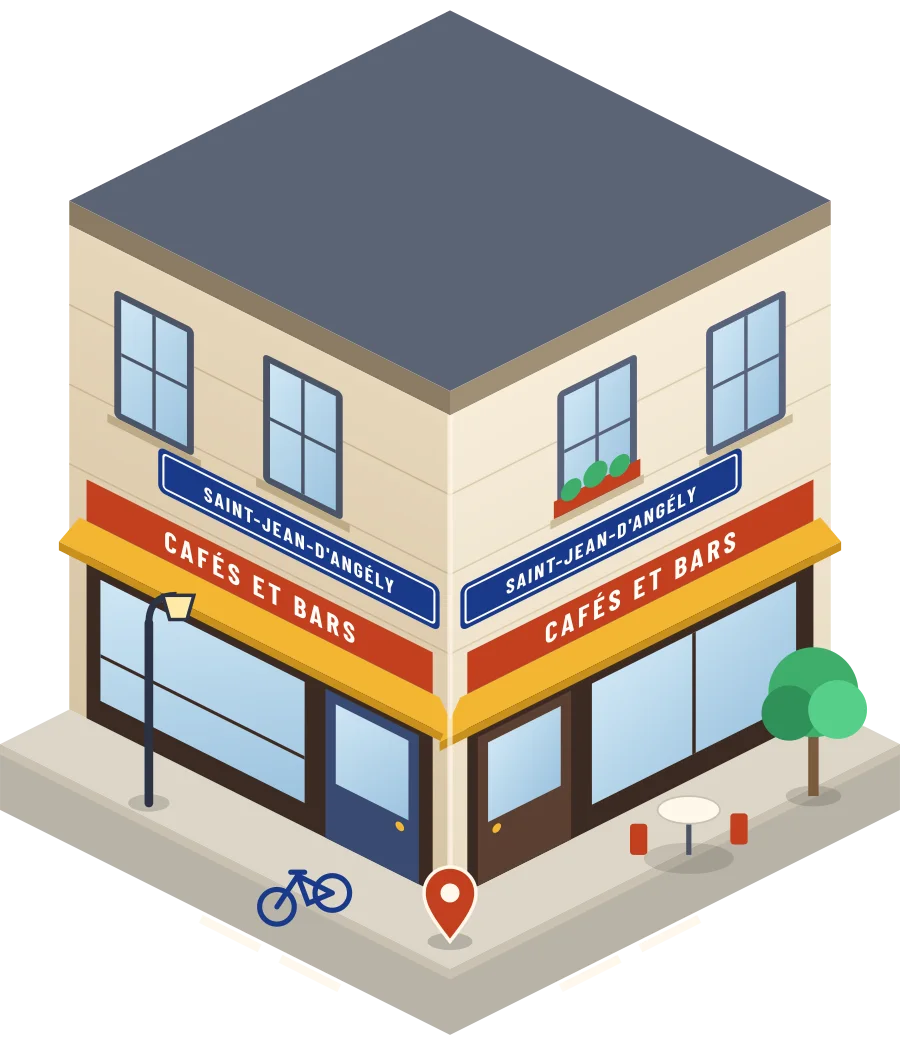 Illustration d'un coin de rue à Saint-Jean-d'Angély : deux devantures « Cafés et bars » à l'angle