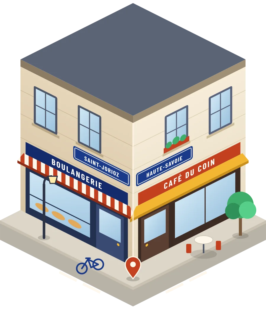 Illustration d'un coin de rue à Saint-Jorioz : une boulangerie et un café à l'angle, plaques « Saint-Jorioz » et « Haute-Savoie »
