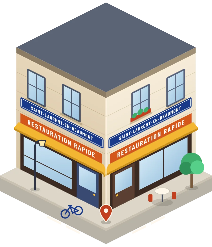 Illustration d'un coin de rue à Saint-Laurent-en-Beaumont : deux devantures « Restauration rapide » à l'angle