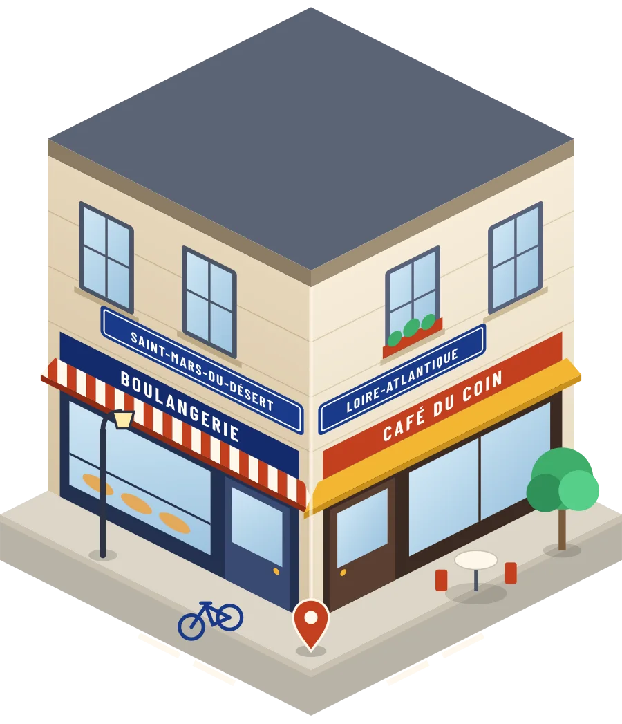 Illustration d'un coin de rue à Saint-Mars-du-Désert : une boulangerie et un café à l'angle, plaques « Saint-Mars-du-Désert » et « Loire-Atlantique »