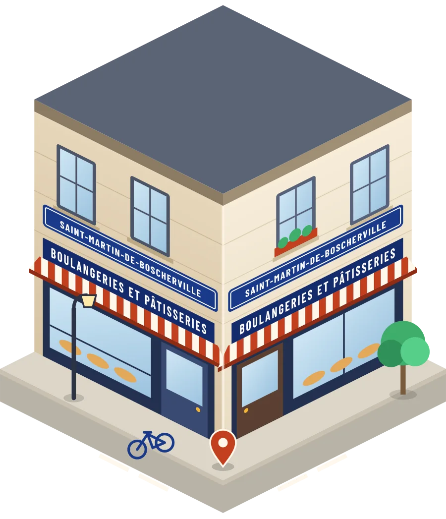 Illustration d'un coin de rue à Saint-Martin-de-Boscherville : deux devantures « Boulangeries et pâtisseries » à l'angle