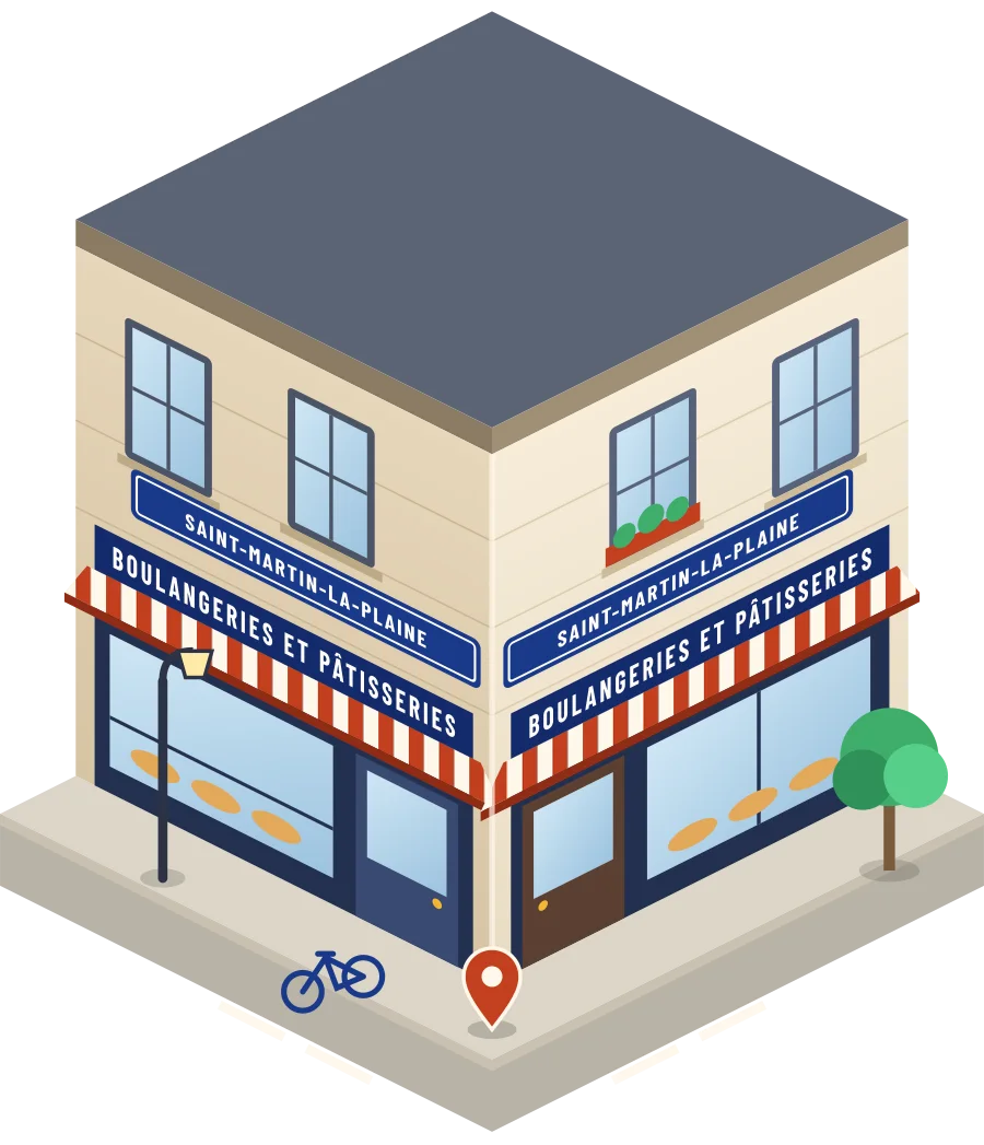 Illustration d'un coin de rue à Saint-Martin-la-Plaine : deux devantures « Boulangeries et pâtisseries » à l'angle