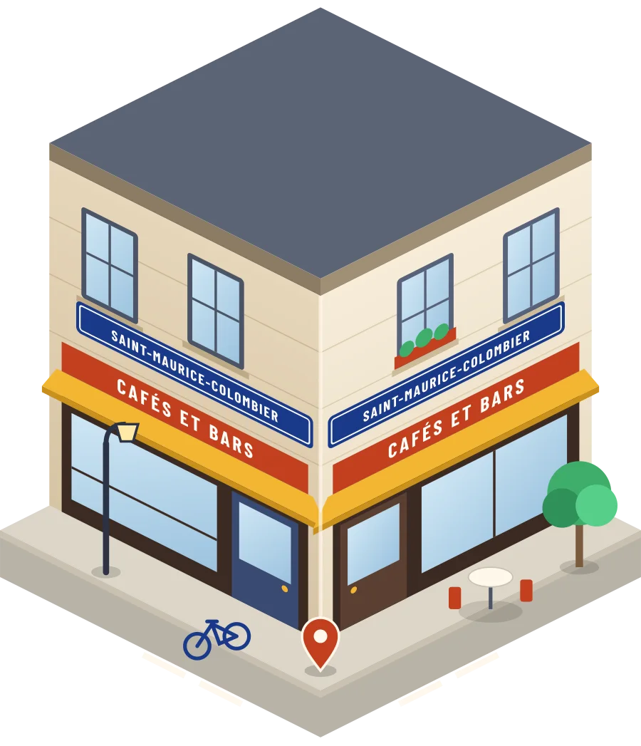 Illustration d'un coin de rue à Saint-Maurice-Colombier : deux devantures « Cafés et bars » à l'angle