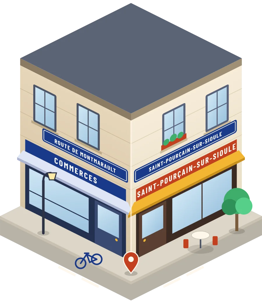 Illustration d'un coin de rue à Saint-Pourçain-sur-Sioule, avec la plaque « route de Montmarault »